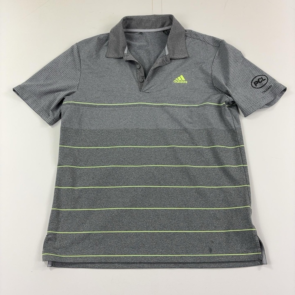 Adidas Polo Shirt Mens M Gray Striped Jersey PCL Calgary Logo Short Sleeve